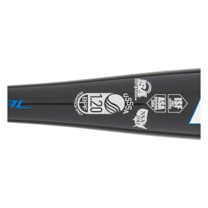Close-up of a black softball bat barrel with USSSA, BPF 1.20, and fastpitch certification stamps.