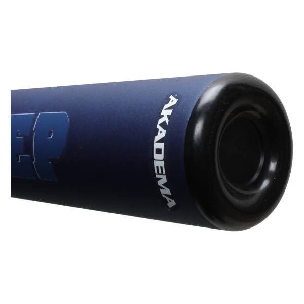 Close-up of a blue baseball bat with AKADEMA text and a black end cap.
