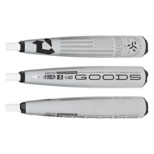 Side view of a silver baseball bat with DEMARINI and The GOODS branding.