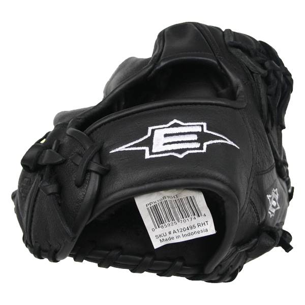 Side view of a black baseball glove with a white Easton logo and a product tag.