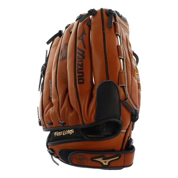 Side view of a brown youth baseball glove with Mizuno branding and Flex Bridge text.