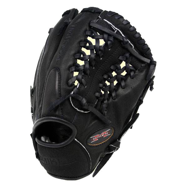 Front view of a black baseball glove with intricate lacing and a Miken logo.