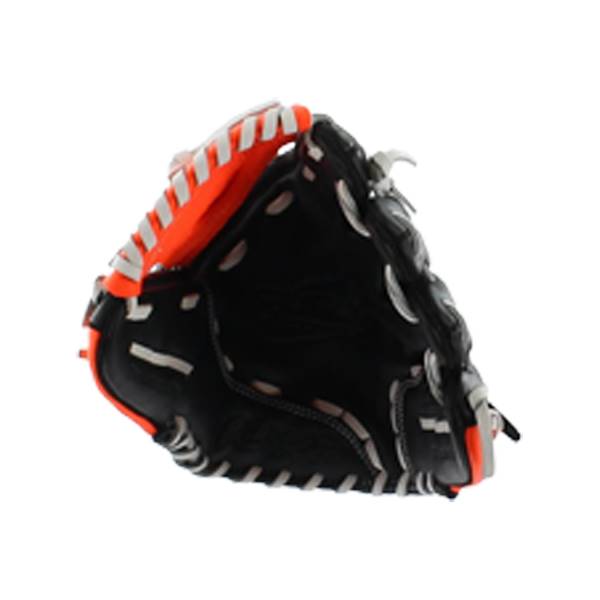 Top-down view of a black baseball glove with orange lining and white stitching.