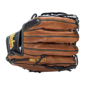 Side view of a brown baseball glove with Shoeless Joe and PRO SELECT branding.