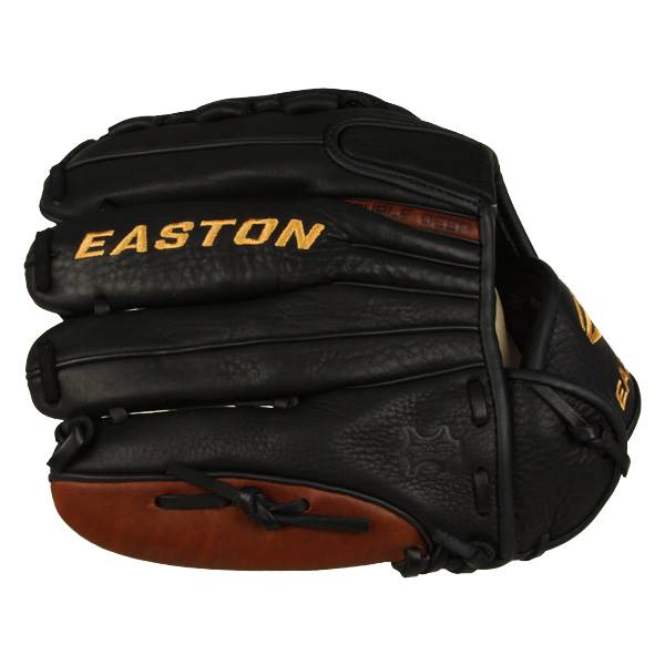 Front view of a black Easton fastpitch glove with gold lettering and brown leather accents.