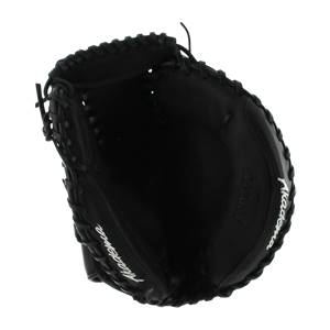 Top-down view of a black catchers mitt with white Akadema branding and APP240 text.