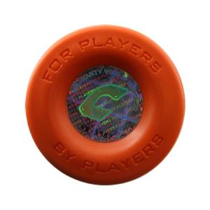 Top-down view of an orange bat end cap with FOR PLAYERS BY PLAYERS text and a holographic sticker.