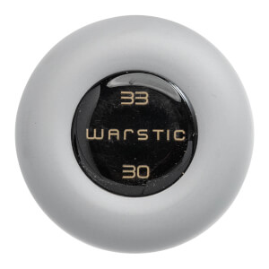 Top-down view of a matte grey baseball bat end cap with a black center featuring the brand name WARSTIC and numbers 33 and 30 in gold lettering.