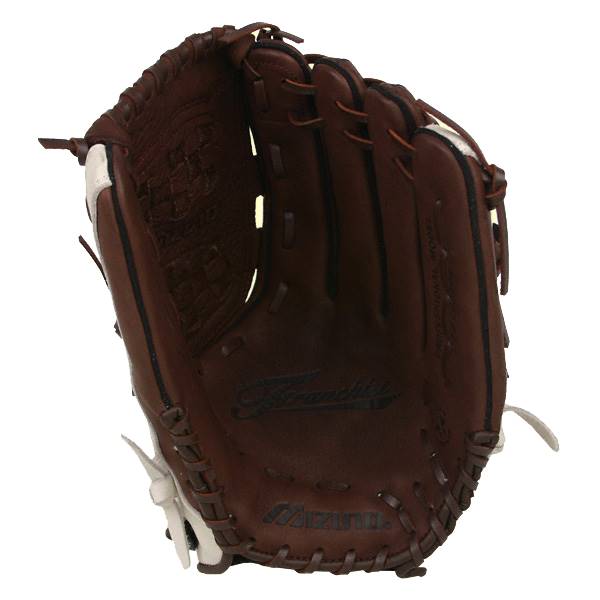 Front view of a brown Mizuno Franchise Series softball glove with white accents and Franchise text.