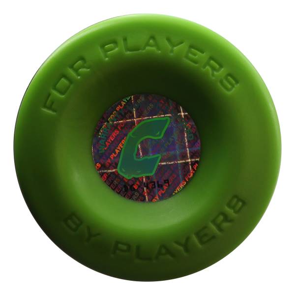 Top-down view of a green baseball bat end cap with FOR PLAYERS BY PLAYERS text and a green C logo.