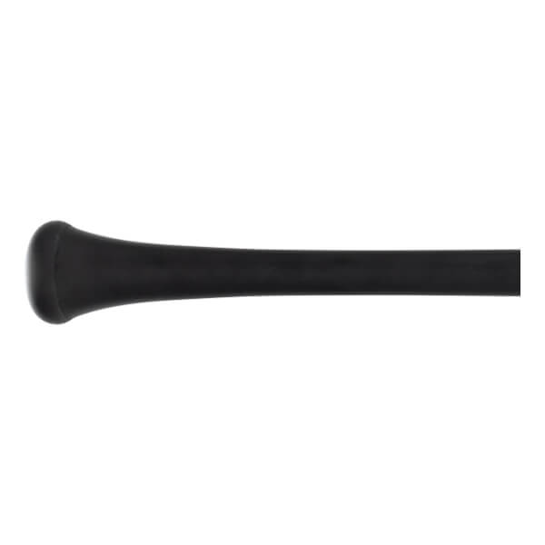 Close-up side view of a black baseball bat handle with a flared, rounded knob and smooth, tapering profile.