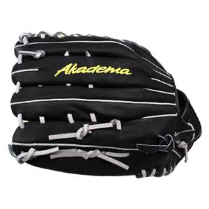 Side view of a black baseball glove with yellow Akadema text and white stitching.