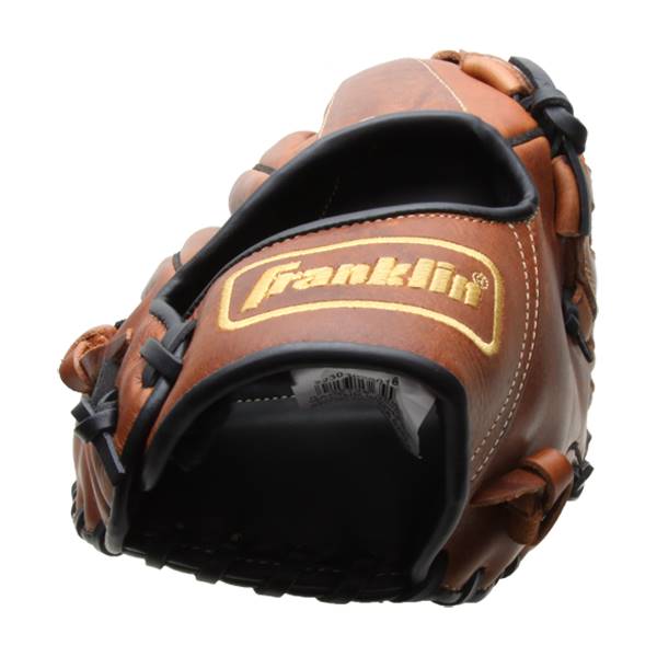 Top-down view of a brown baseball glove with black lacing and a gold Franklin logo.