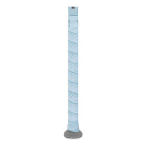 Close-up of the handle and knob featuring light blue textured grip tape and a grey knob with the words "POWER BOOST" visible at the base.