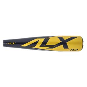 Side view of a black and gold baseball bat with ALPHA ALX and -10 branding.