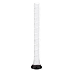 Close-up of a white baseball bat grip with a black knob.
