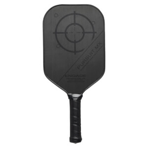 Front view of a black pickleball paddle with a target design, PURSUIT MX, and ENGAGE text.