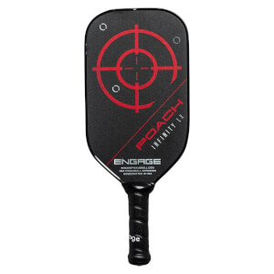 Front view of a black pickleball paddle with a red target design, POACH INFINITY LX text, and ENGAGE logo.