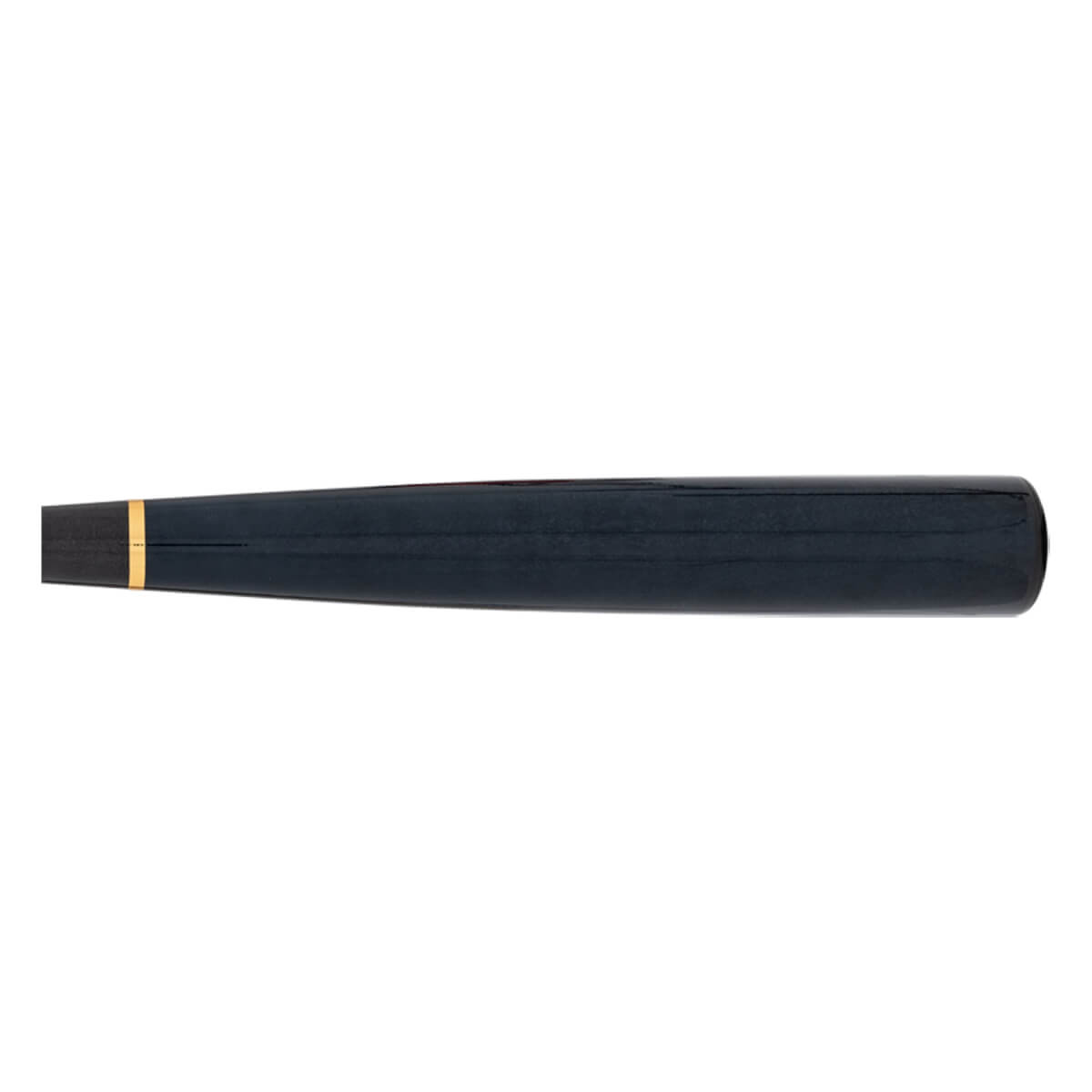 Side view of a dark blue baseball bat with a gold band near the knob.