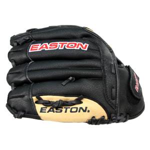 Front view of a black Easton glove with tan palm and red Easton logo.