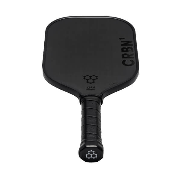 Top-down view of a black CRBN pickleball paddle with honeycomb logo and CRBN text.
