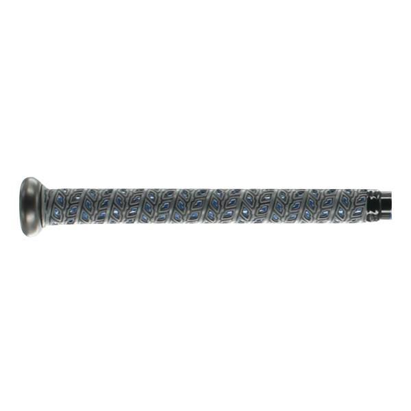 Side view of a gray baseball bat with a textured grip featuring blue diamond patterns.