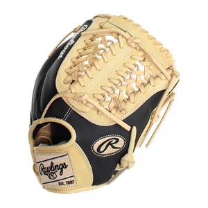 Front view of a black and tan baseball glove with a webbed palm and Rawlings branding.