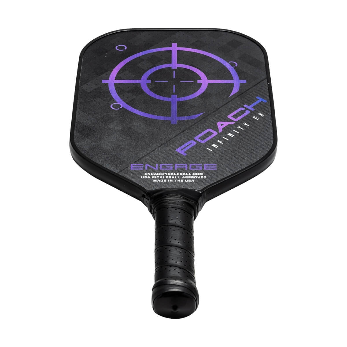 Front view of a black pickleball paddle with a purple target design and POACH INFINITY EX text.