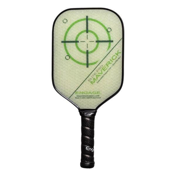 Front view of a light green pickleball paddle with a green target and Maverick text.