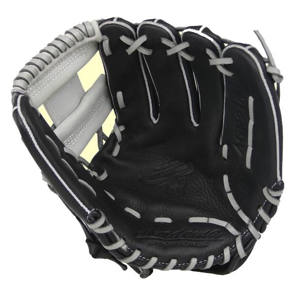 Interior view of a black baseball glove with white lacing and Akadema logo.