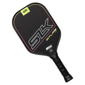 Top-down view of a black pickleball paddle with large white SK logo, ATLAS XL text, and a yellow logo.