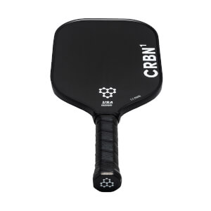 Top-down view of a black pickleball paddle with CRBN¹ branding, a honeycomb logo, and 13mm text.