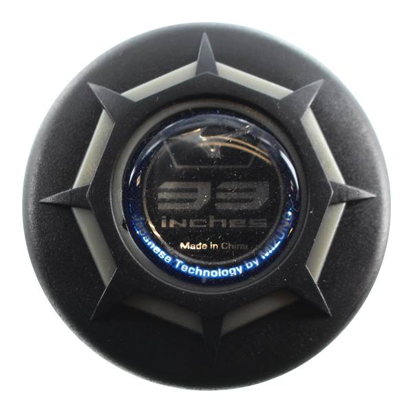 Top-down view of a black baseball bat end cap with 33 INCHES and Made in China text.