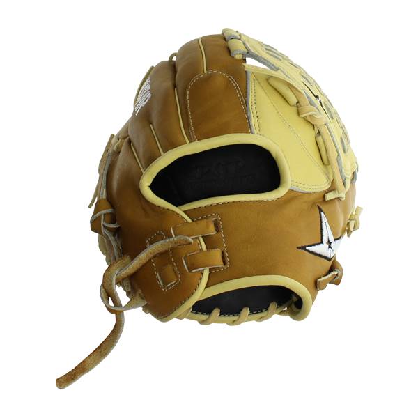 Side view of a tan and yellow fastpitch softball glove with a white star logo and All Star text.