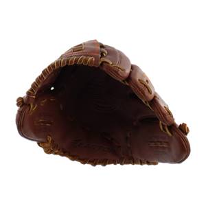 Top-down view of a brown baseball glove with orange stitching and EASTON branding.