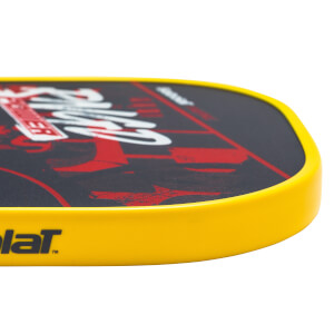 Side view of a black pickleball paddle with a yellow edge and red graphic design.