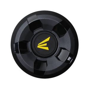 Top-down view of a black baseball bat end cap with a yellow Easton logo and black segmented design.