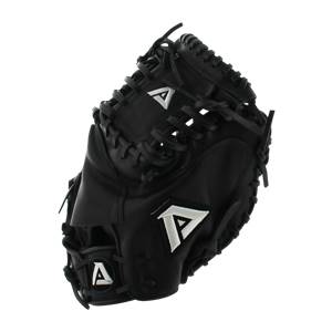 Corner view of a black catchers mitt with white A logos and intricate lacing.
