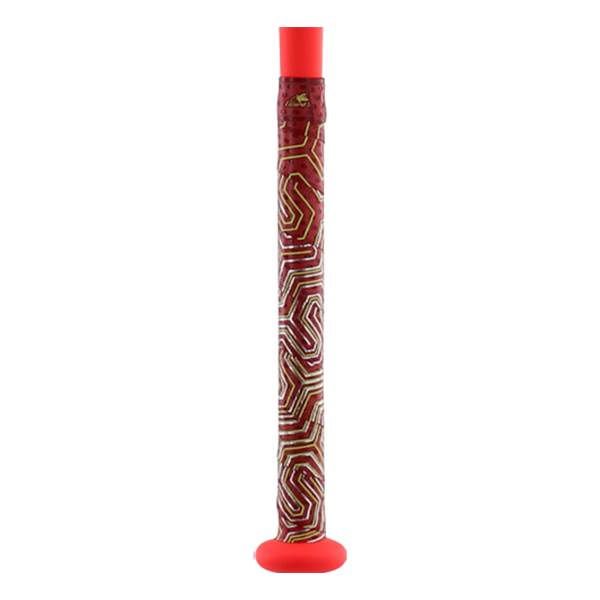 Close-up of a red baseball bat with a gold geometric pattern and red end cap.
