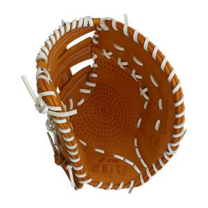 Top-down view of a tan first base mitt with white lacing and SSK WHITE LINE branding.