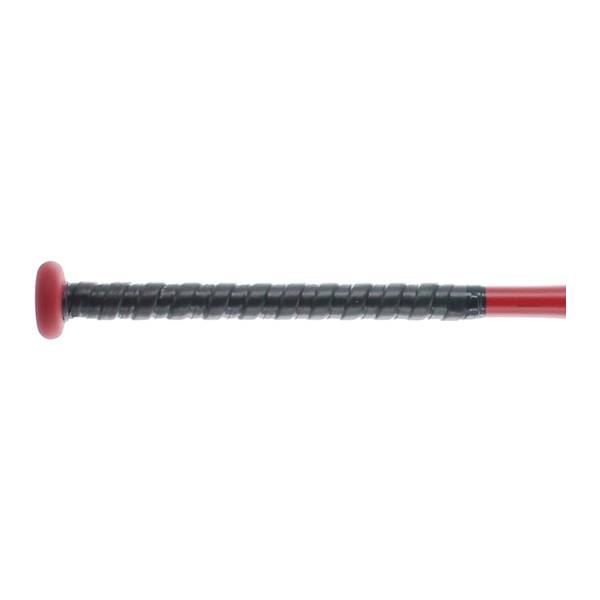 Side view of a red softball bat with a black textured grip and red knob.