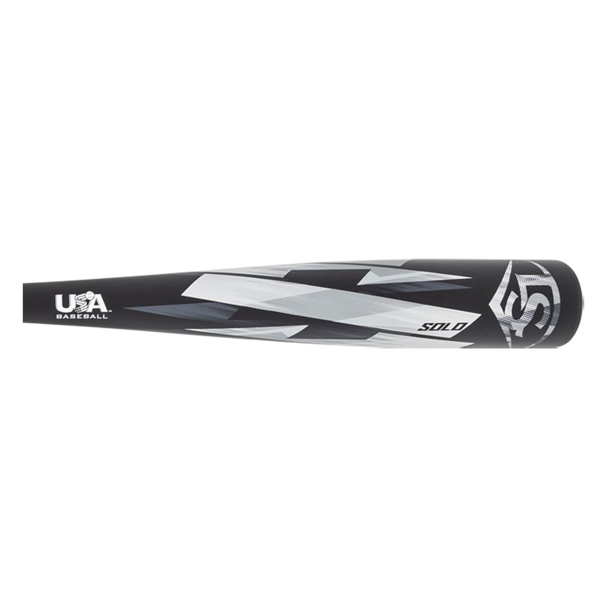 Top-down view of a black baseball bat with USA BASEBALL logo, SOLO text, and a silver graphic design.