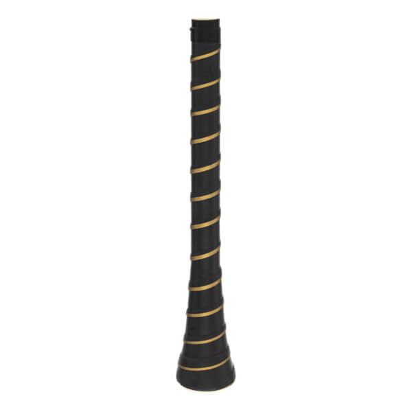 Close-up of a black baseball bat grip with gold spiral accents.