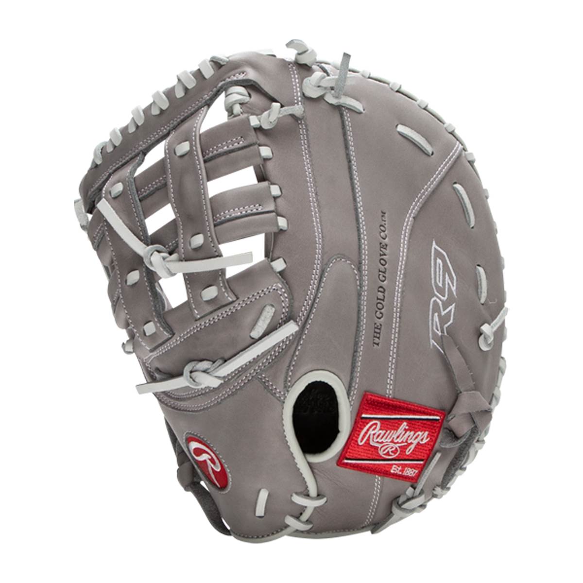 Front view of a gray Rawlings R9 fastpitch softball mitt with white lacing and a red Rawlings logo patch.