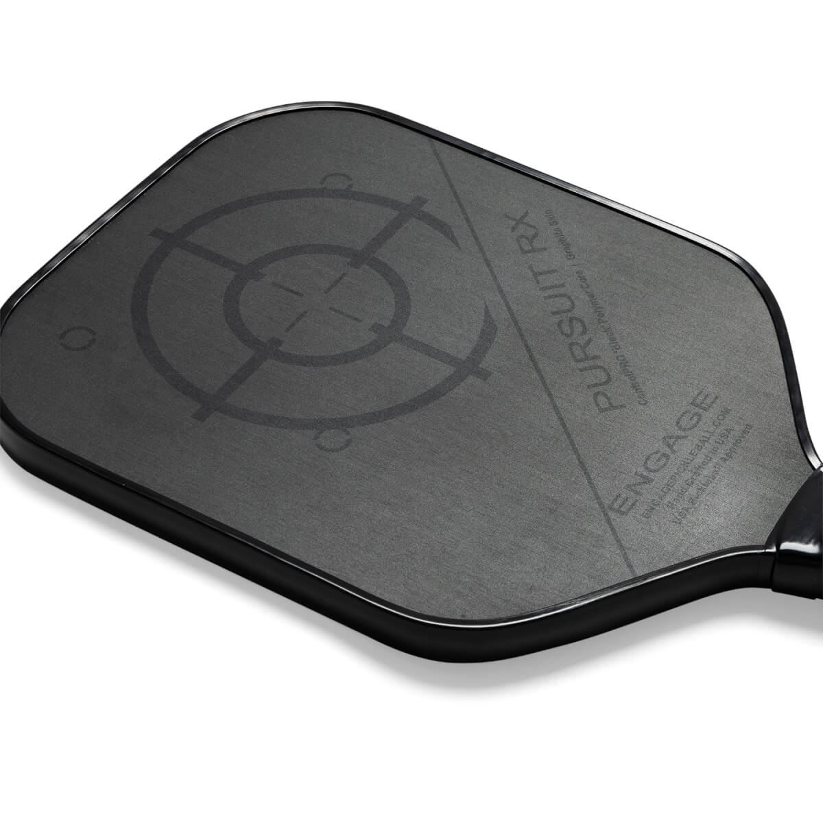 Top-down view of a black pickleball paddle with a target design, PURSUIT RX text, and ENGAGE logo.