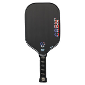 Front view of a black pickleball paddle with CRBN1 branding, USA logo, and 16mm text.