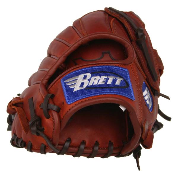 Side view of a brown baseball glove with a blue Brett patch and dark lacing.