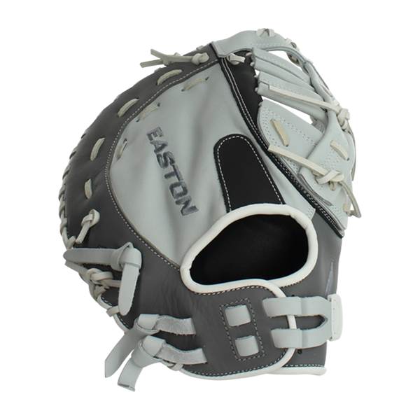 Side view of a grey and black Easton first base mitt with white lacing and adjustable strap.