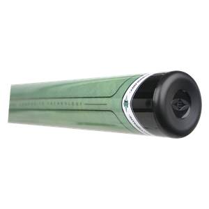 Close-up of the end of a green Easton Synergy Reveal bat with black end cap and visible INTEGRATED TECHNOLOGY text.