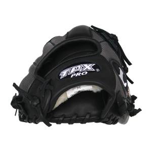 Front view of a black baseball glove with white fleece lining and a TPX PRO logo.